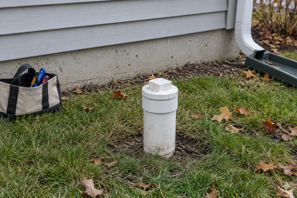 Capped cleanout fitting in a dry basement utility area